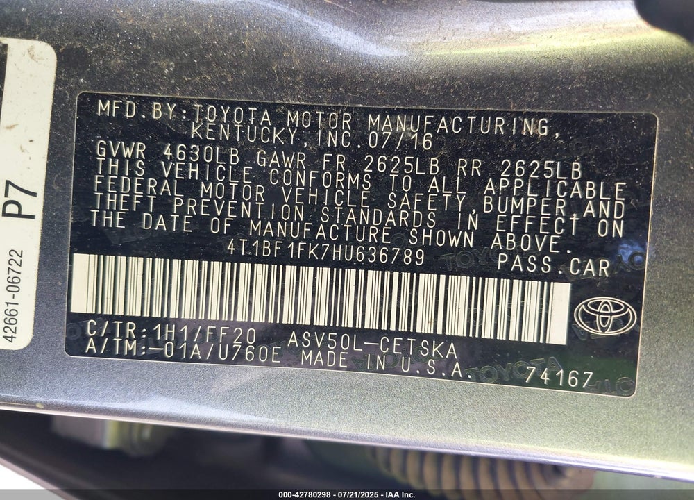 2017 TOYOTA CAMRY VIN: 4T1BF1FK7HU636789