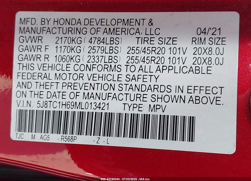 2021 ACURA RDX VIN: 5J8TC1H69ML013421