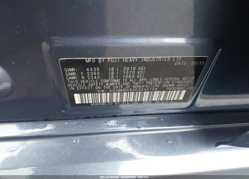 2013 SUBARU LEGACY VIN: 4S3BMBC60D3034758