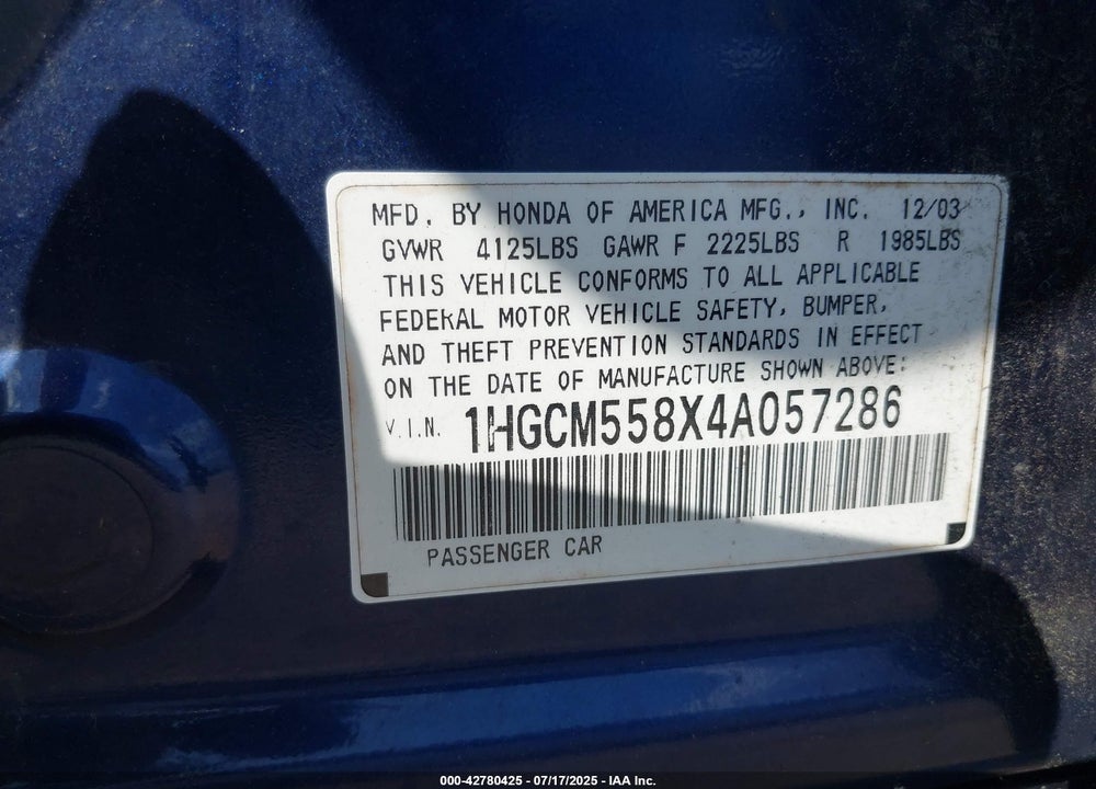 2004 HONDA ACCORD 2.4 EX VIN: 1HGCM558X4A057286