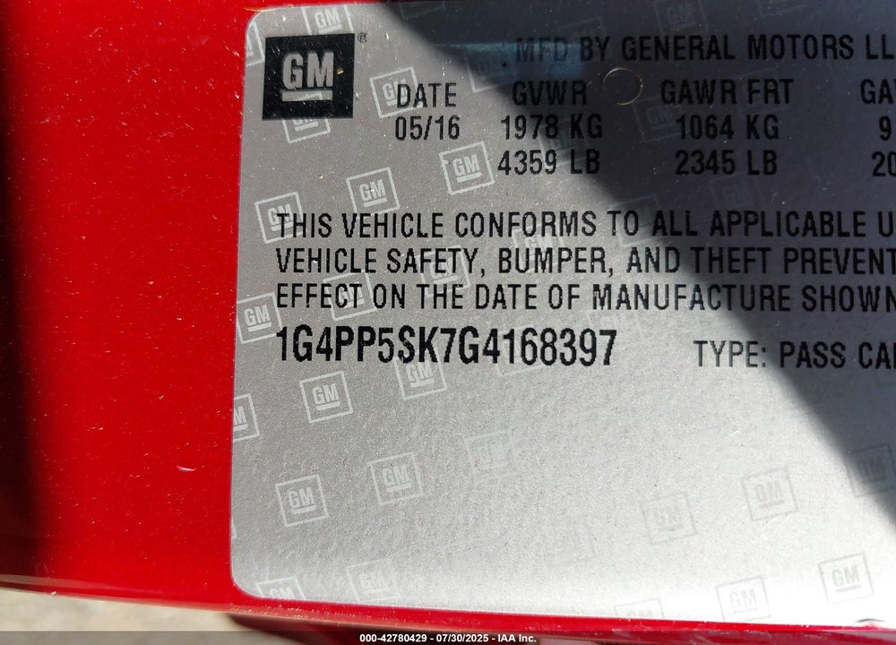2016 BUICK VERANO VIN: 1G4PP5SK7G4168397