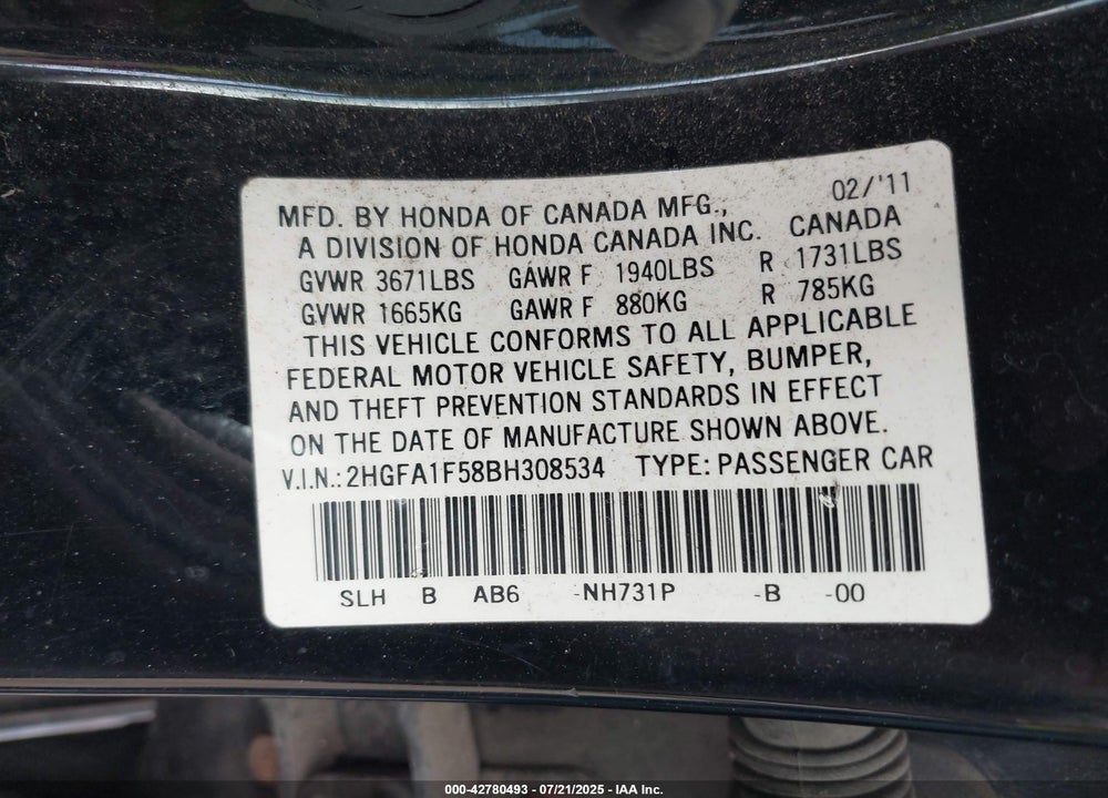 2011 HONDA CIVIC VIN: 2HGFA1F58BH308534