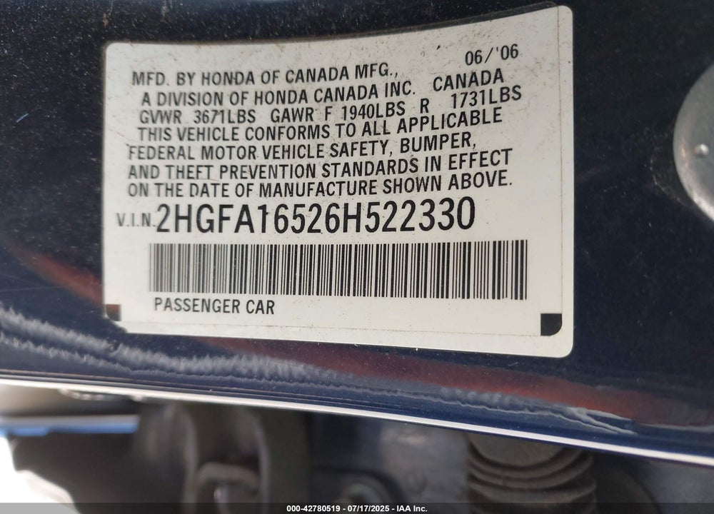 2006 HONDA CIVIC VIN: 2HGFA16526H522330