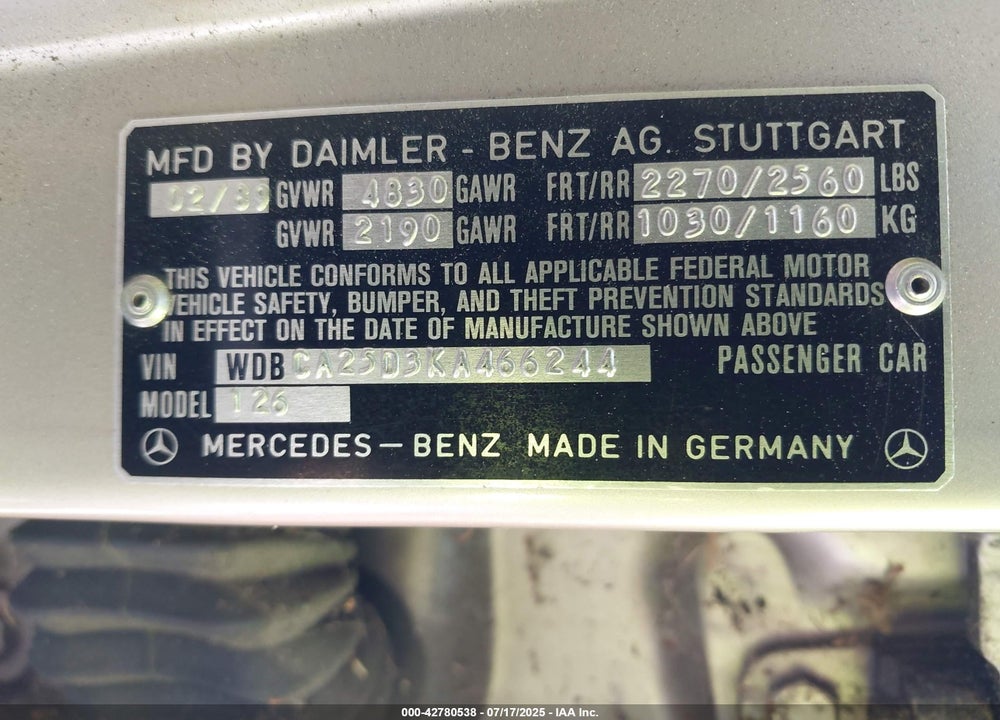 1989 MERCEDES-BENZ 300 SEL VIN: WDBCA25D3KA466244