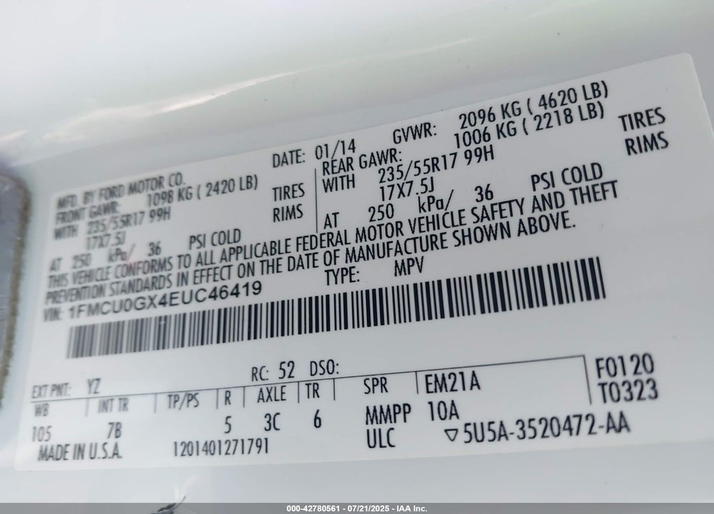 2014 FORD ESCAPE VIN: 1FMCU0GX4EUC46419