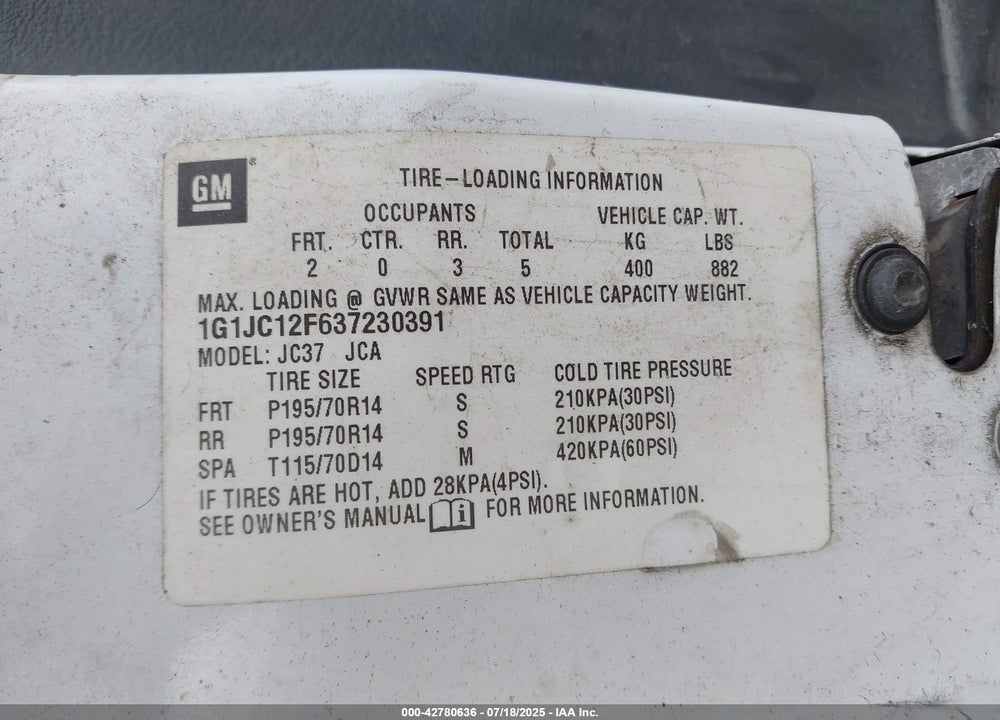 2003 CHEVROLET CAVALIER VIN: 1G1JC12F637230391
