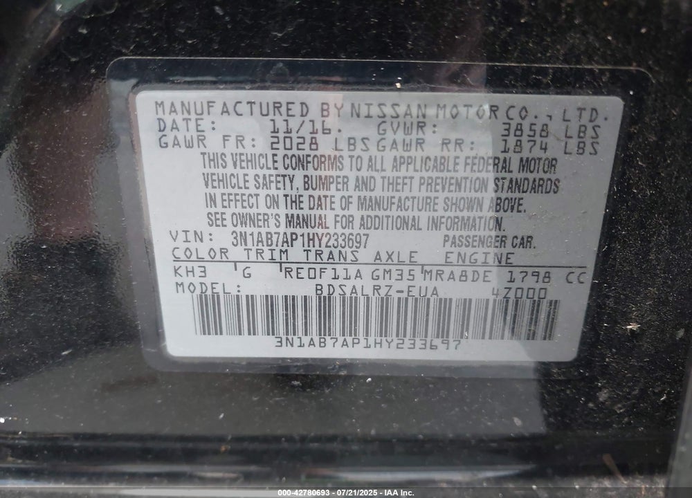 2017 NISSAN SENTRA VIN: 3N1AB7AP1HY233697