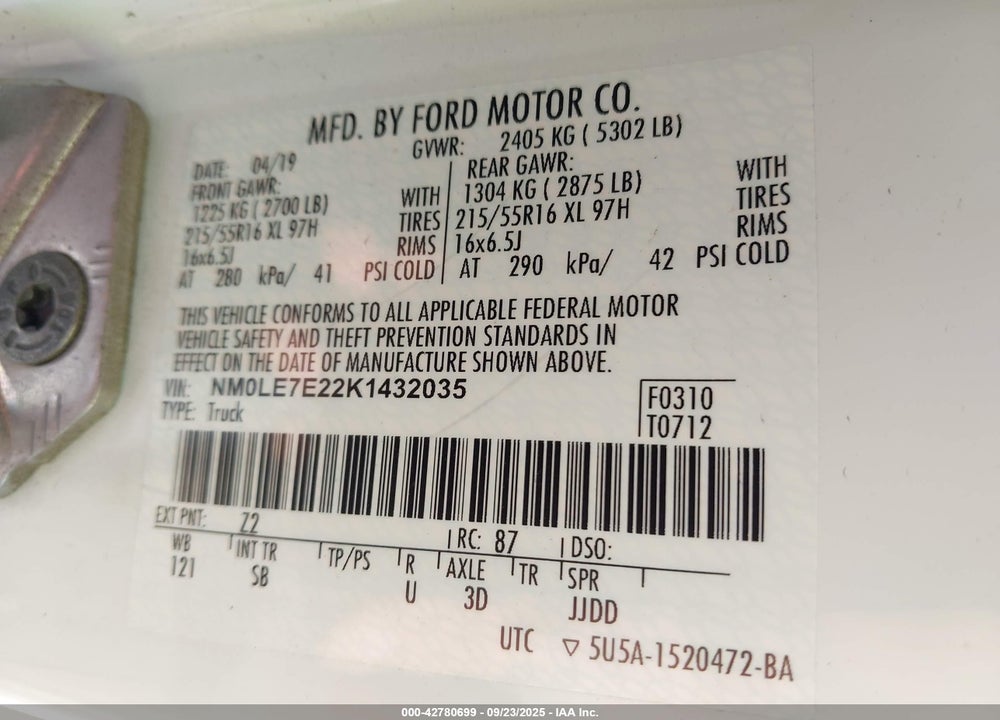 2019 FORD TRANSIT CONNECT XL VIN: NM0LE7E22K1432035