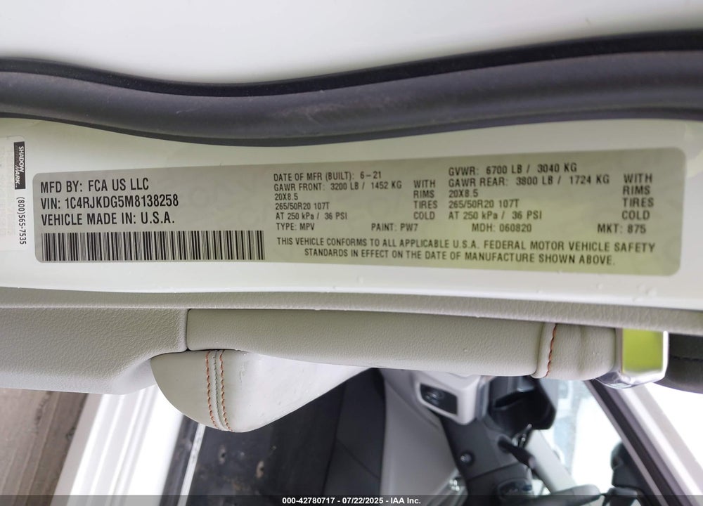 2021 JEEP GRAND CHEROKEE L VIN: 1C4RJKDG5M8138258