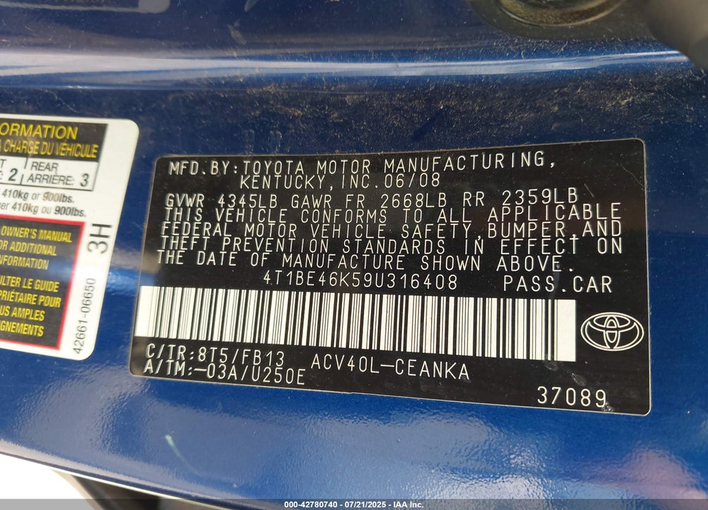 2009 TOYOTA CAMRY VIN: 4T1BE46K59U316408
