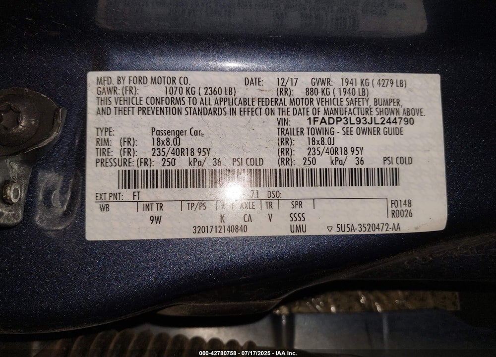 2018 FORD FOCUS ST VIN: 1FADP3L93JL244790
