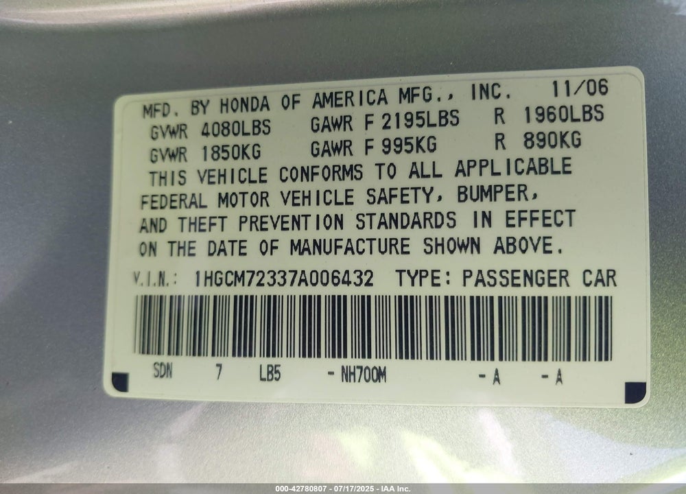 2007 HONDA ACCORD VIN: 1HGCM72337A006432