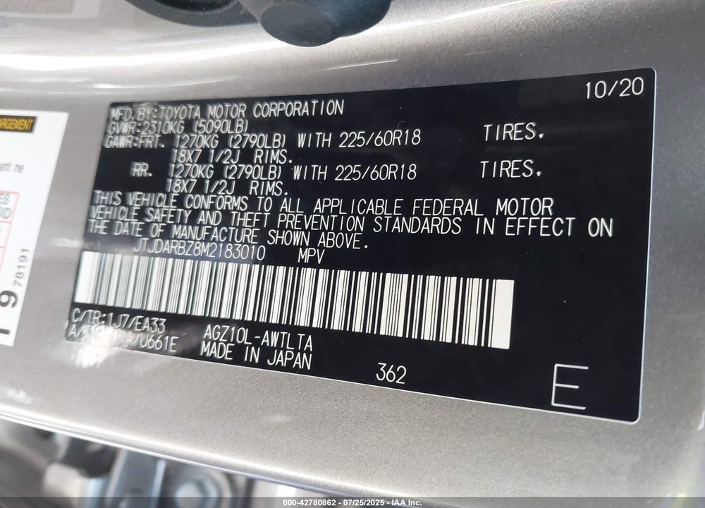 2021 LEXUS NX 300 VIN: JTJDARBZ8M2183010
