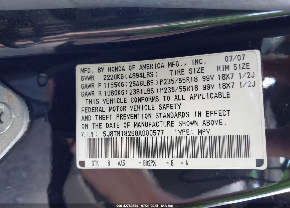 2008 ACURA RDX VIN: 5J8TB18268A000577