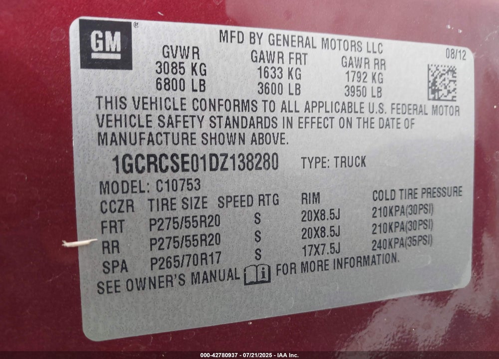 2013 CHEVROLET SILVERADO 1500 LT VIN: 1GCRCSE01DZ138280