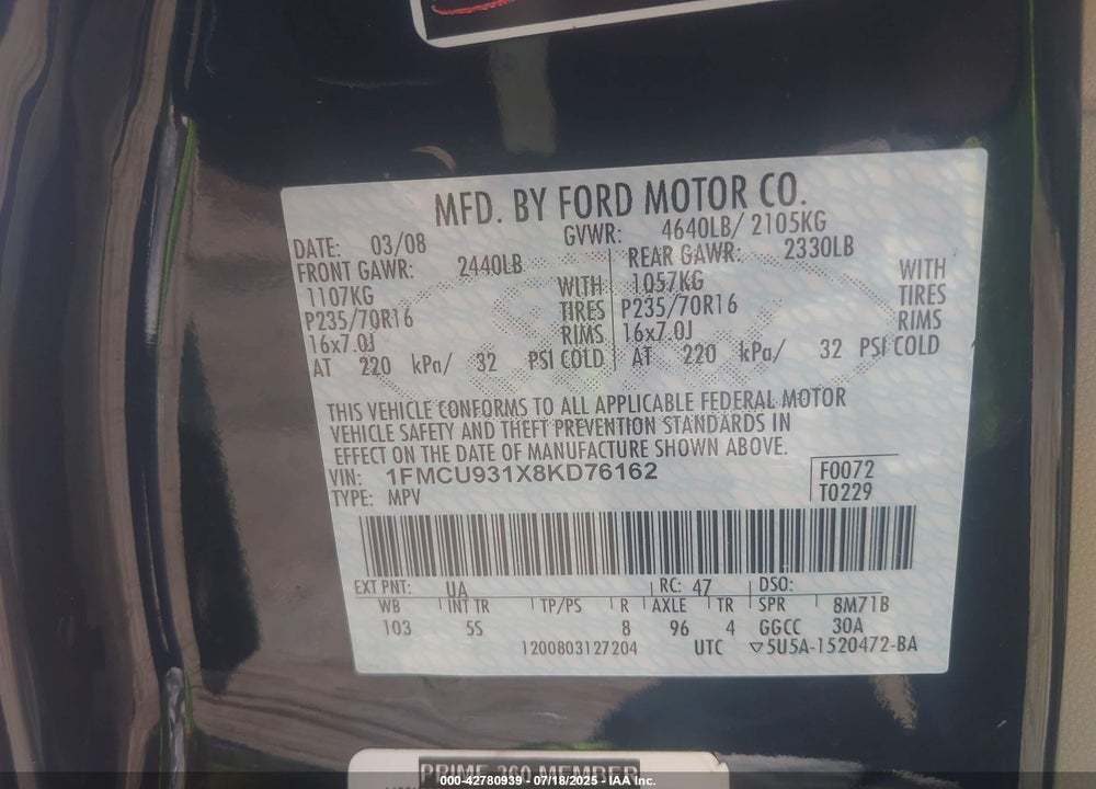 2008 FORD ESCAPE VIN: 1FMCU931X8KD76162