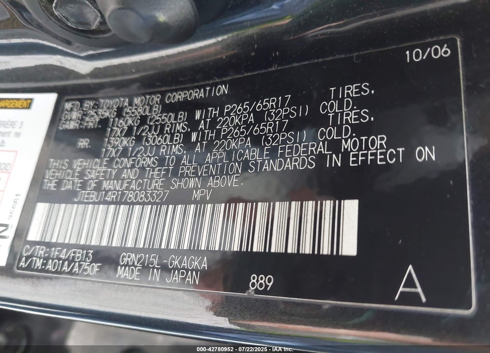 2007 TOYOTA 4RUNNER VIN: JTEBU14R178083327