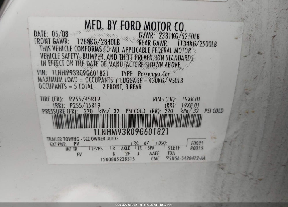 2009 LINCOLN MKS VIN: 1LNHM93R09G601821