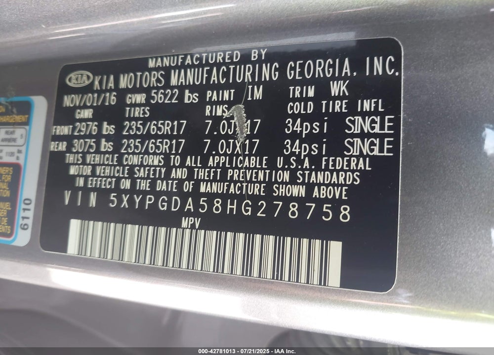 2017 KIA SORENTO VIN: 5XYPGDA58HG278758