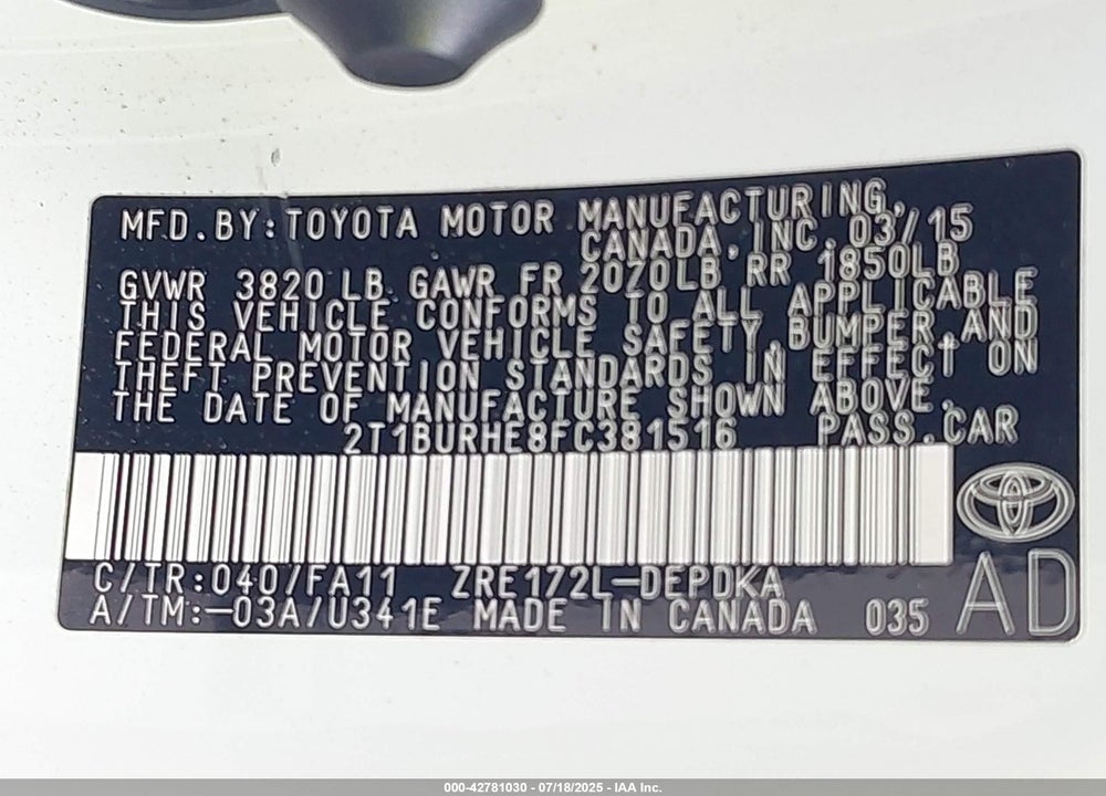 2015 TOYOTA COROLLA VIN: 2T1BURHE8FC381516