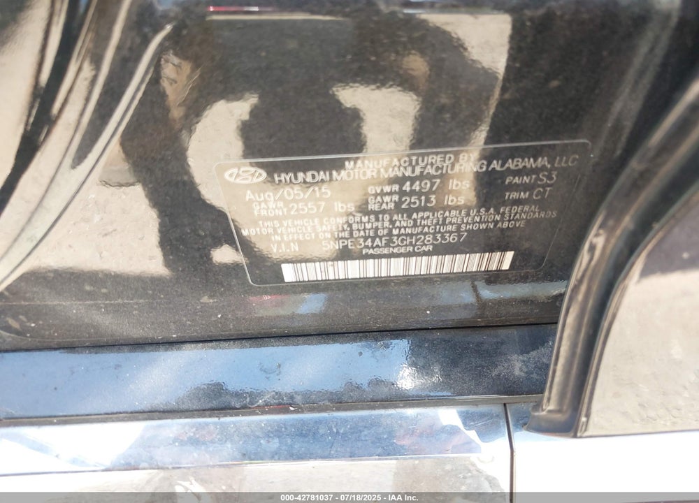 2016 HYUNDAI SONATA VIN: 5NPE34AF3GH283367