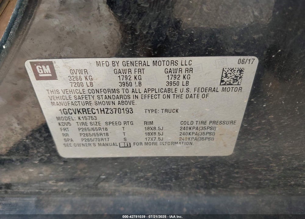 2017 CHEVROLET SILVERADO 1500 VIN: 1GCVKREC1HZ370193
