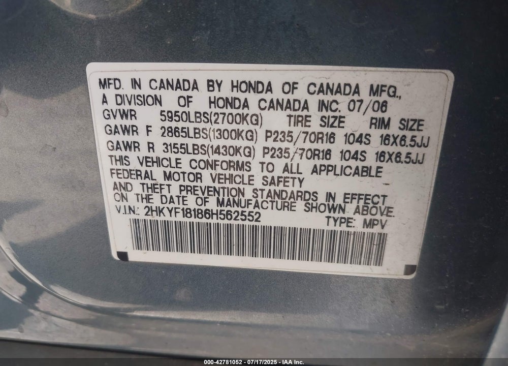 2006 HONDA PILOT LX VIN: 2HKYF18186H562552
