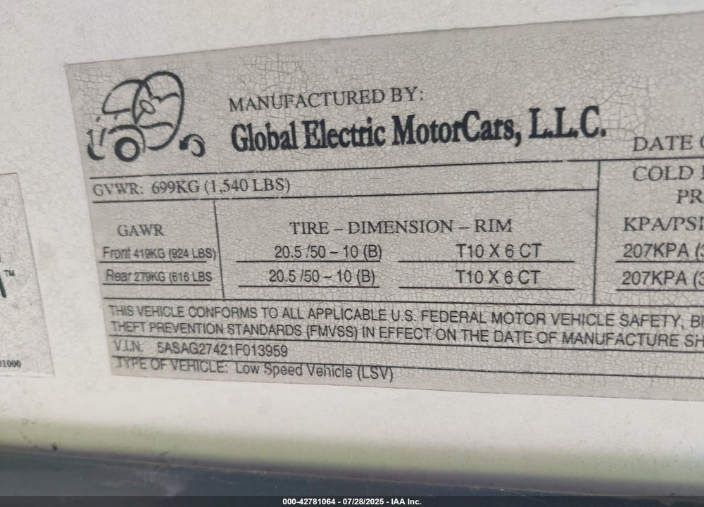 2001 GLOBAL ELECTRIC MOTORS 825 VIN: 5ASAG27421F013959
