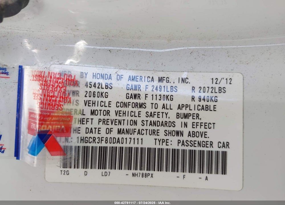 2013 HONDA ACCORD VIN: 1HGCR3F80DA017111