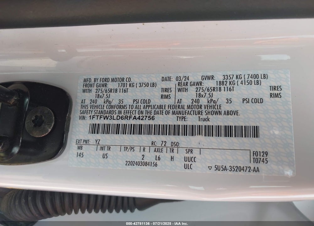 2024 FORD F-150 VIN: 1FTFW3LD6RFA42756