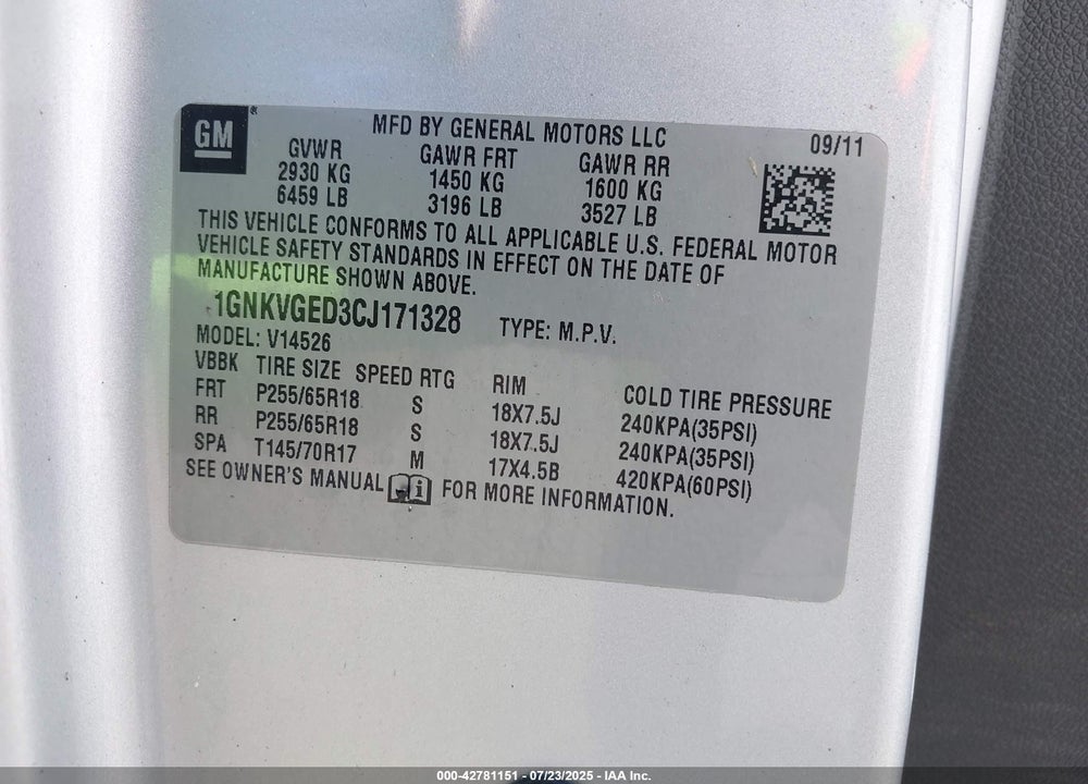 2012 CHEVROLET TRAVERSE VIN: 1GNKVGED3CJ171328