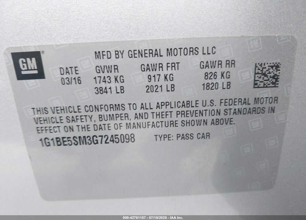 2016 CHEVROLET CRUZE VIN: 1G1BE5SM3G7245098