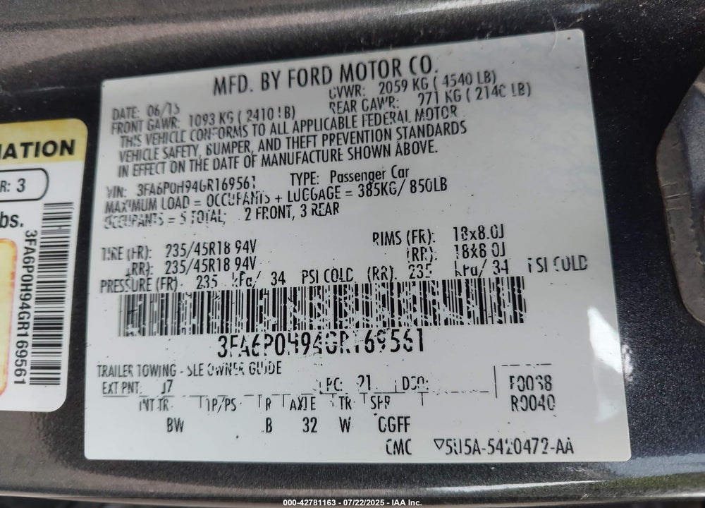 2016 FORD FUSION VIN: 3FA6P0H94GR169561