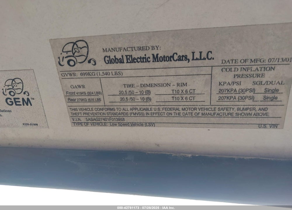 2001 GLOBAL ELECTRIC MOTORS 825 VIN: 5ASAG27401F013958