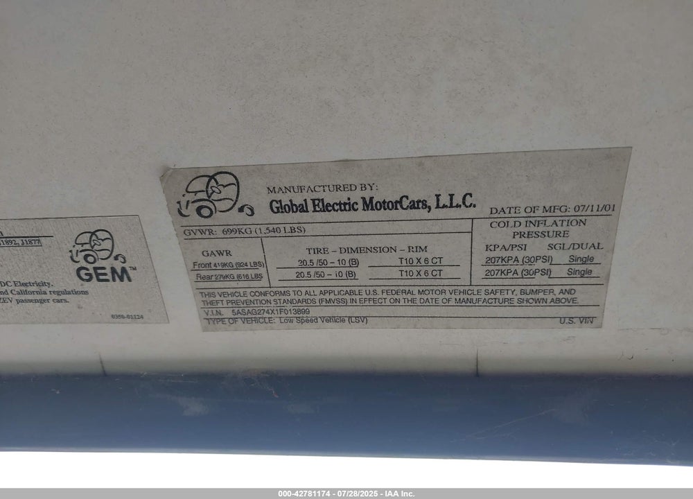 2001 GLOBAL ELECTRIC MOTORS 825 VIN: 5ASAG274X1F013899