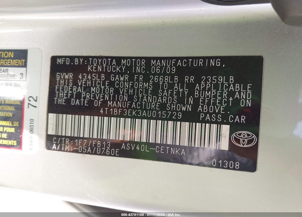 2010 TOYOTA CAMRY VIN: 4T1BF3EK3AU015729