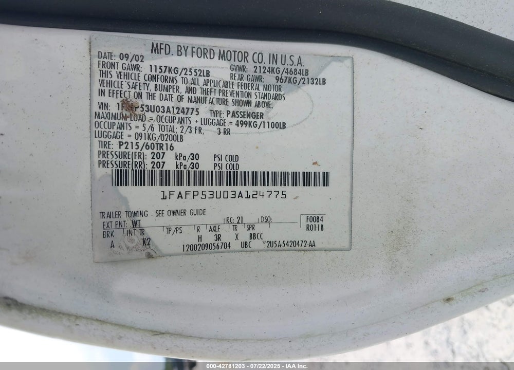 2003 FORD TAURUS SE VIN: 1FAFP53U03A124775