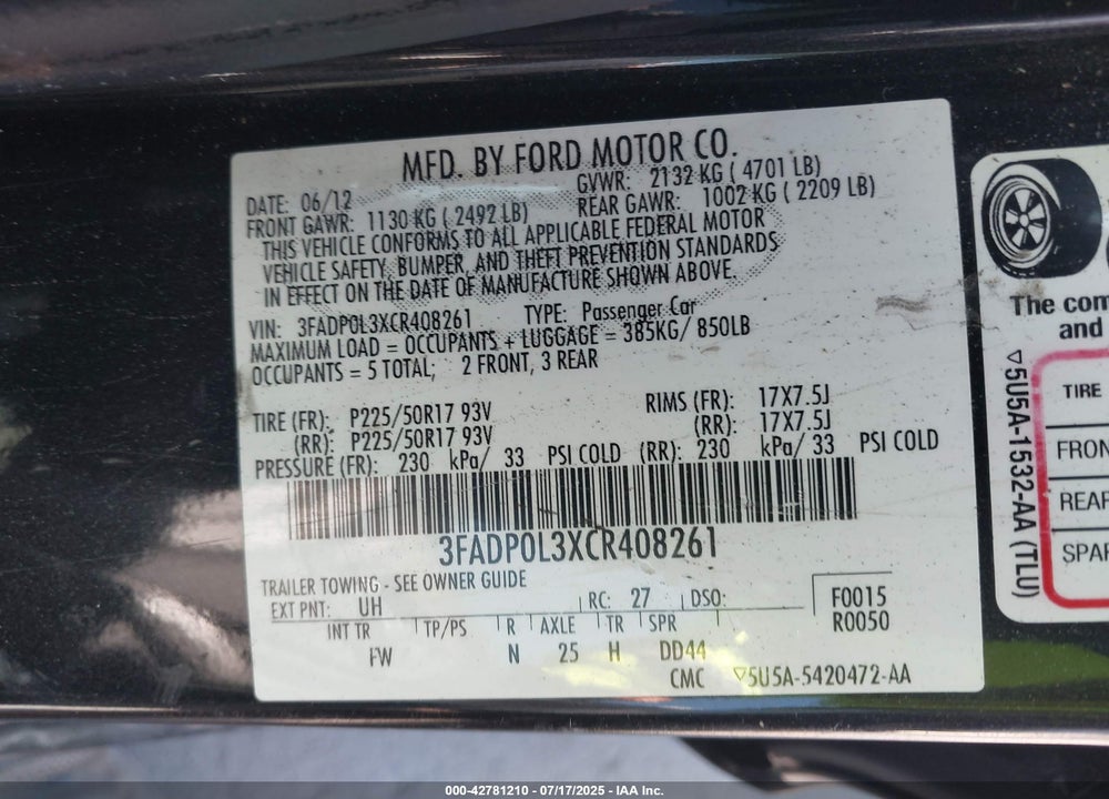 2012 FORD FUSION HYBRID VIN: 3FADP0L3XCR408261
