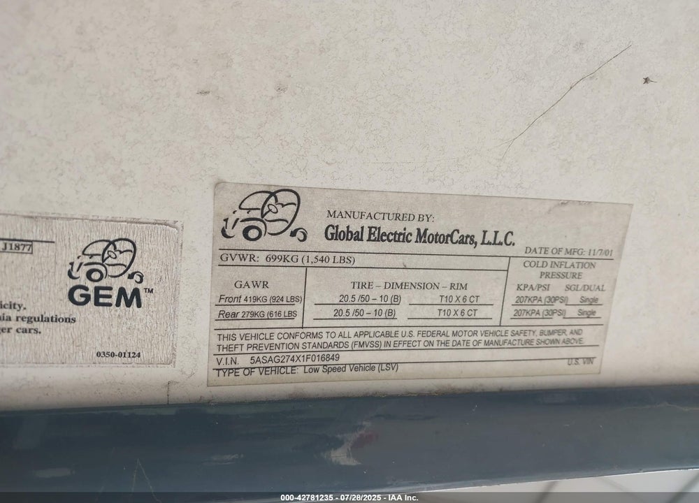 2001 GLOBAL ELECTRIC MOTORS 825 VIN: 5ASAG274X1F016849
