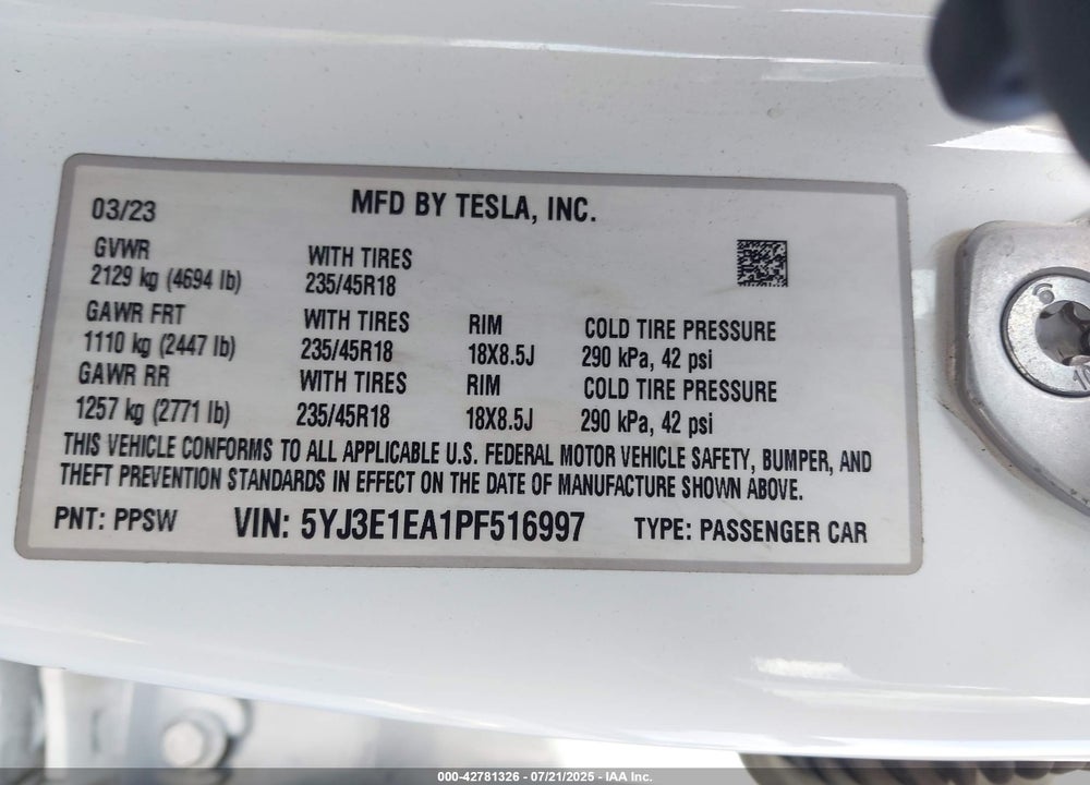 2023 TESLA MODEL 3 REAR-WHEEL DRIVE VIN: 5YJ3E1EA1PF516997