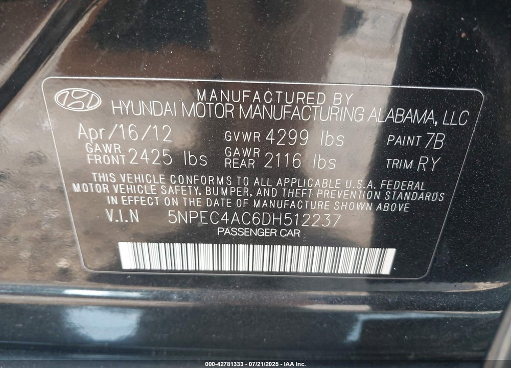 2013 HYUNDAI SONATA VIN: 5NPEC4AC6DH512237