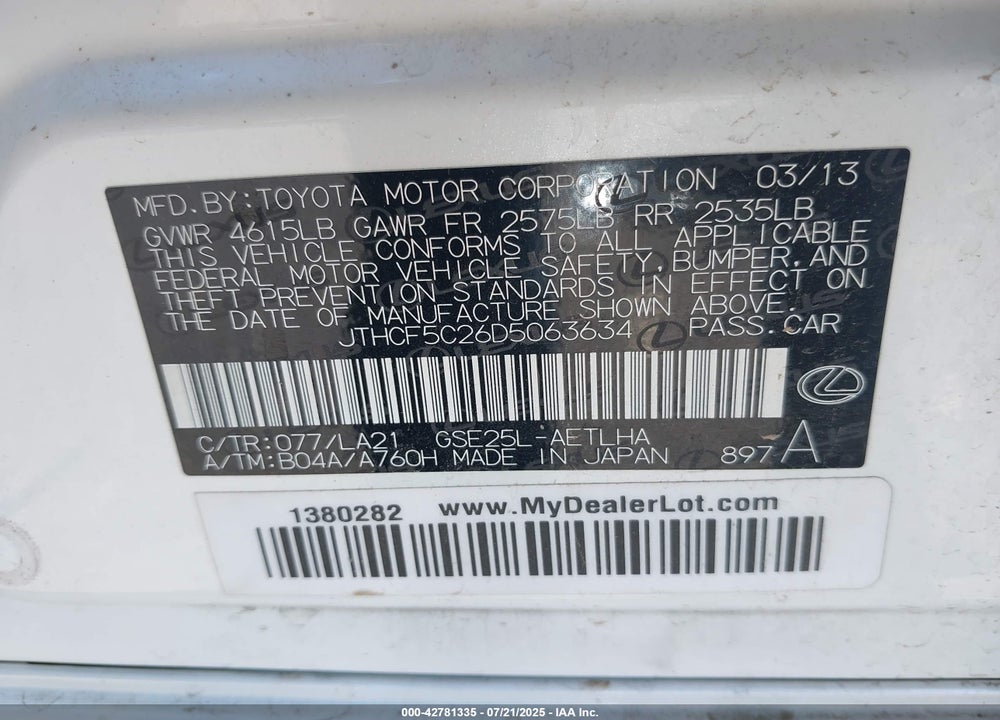 2013 LEXUS IS250 VIN: JTHCF5C26D5063634