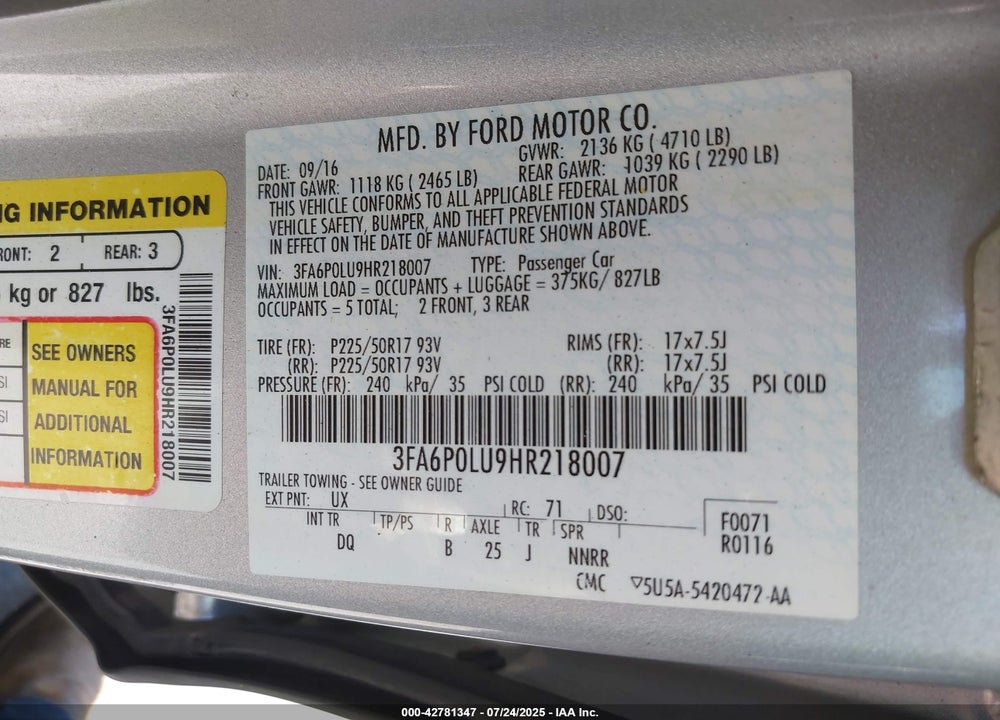2017 FORD FUSION HYBRID VIN: 3FA6P0LU9HR218007