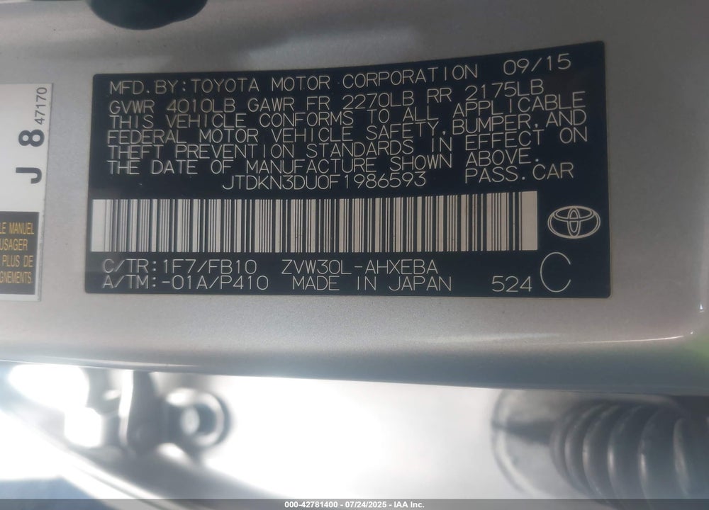 2015 TOYOTA PRIUS VIN: JTDKN3DU0F1986593