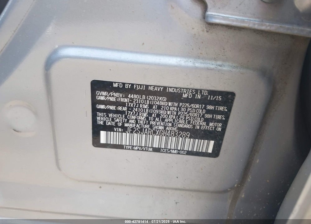 2016 SUBARU FORESTER VIN: JF2SJARCXGH483289