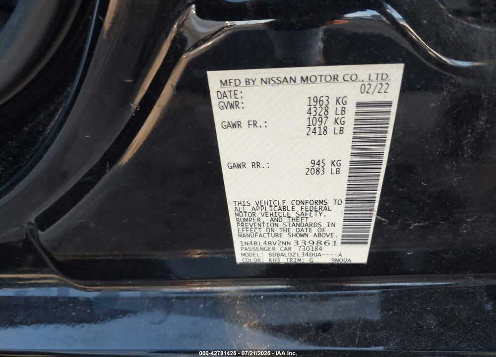 2022 NISSAN ALTIMA VIN: 1N4BL4BV2NN339861