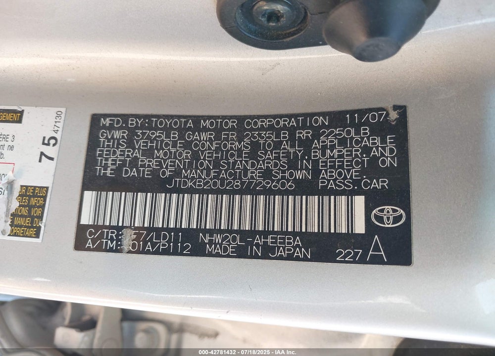 2008 TOYOTA PRIUS VIN: JTDKB20U287729606
