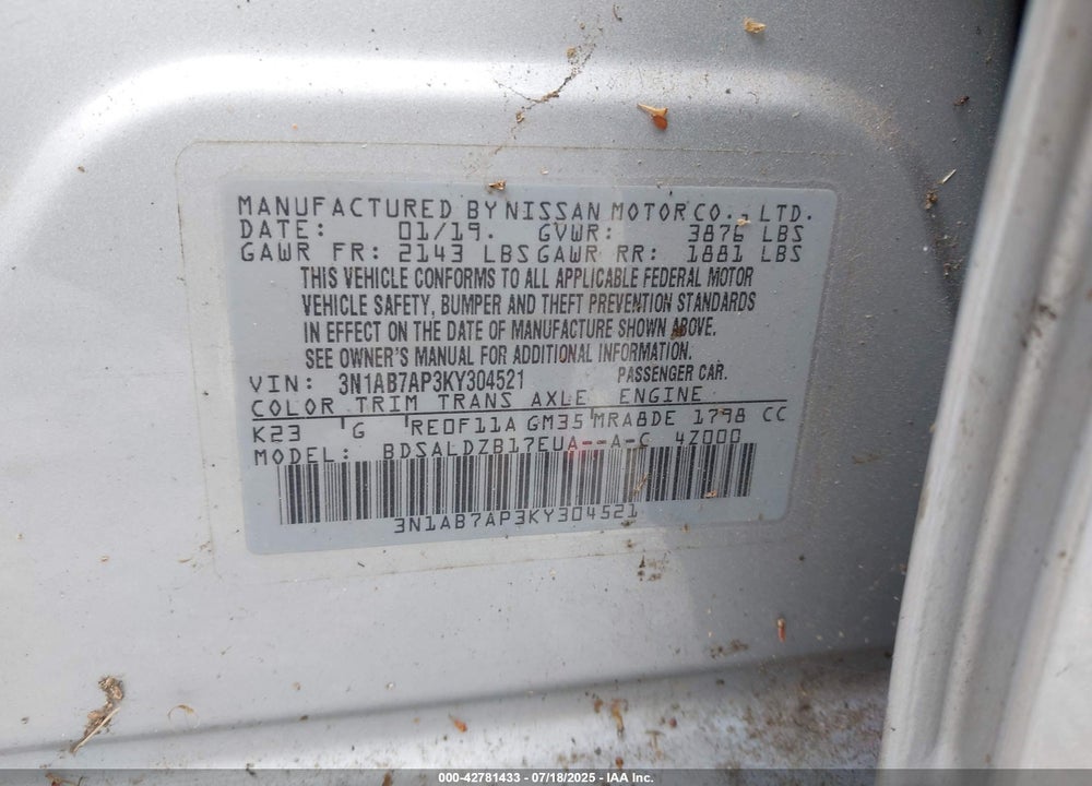 2019 NISSAN SENTRA VIN: 3N1AB7AP3KY304521