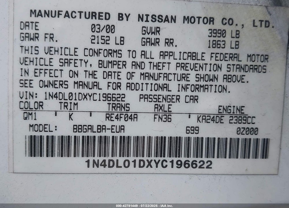 2000 NISSAN ALTIMA GLE/GXE/SE/XE VIN: 1N4DL01DXYC196622