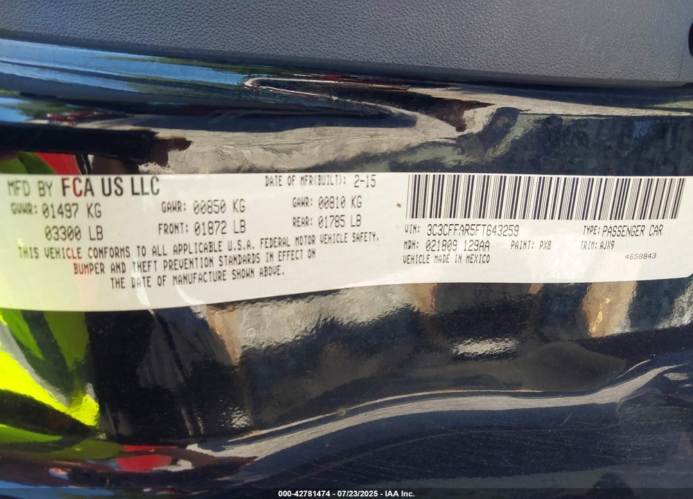 2015 FIAT 500 VIN: 3C3CFFAR5FT643259